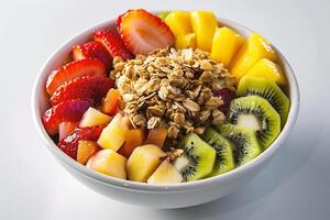 ai généré en bonne santé petit déjeuner bol avec Frais fruit et flocons d'avoine sur blanc Contexte photo