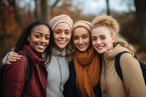 ai généré groupe de multiracial femelles ayant amusement en plein air . ai généré photo