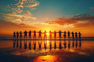 ai généré groupe de gens silhouettes sur plage Contexte. ai généré photo