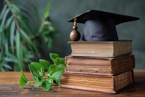 ai généré Succès par éducation concept . livres et diplômé casquette. ai généré photo