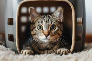 ai généré mignonne tigré chat séance dans animal de compagnie transporteur boîte. ai généré photo