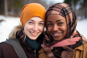 ai généré groupe de multiracial femelles ayant amusement en plein air . ai généré photo