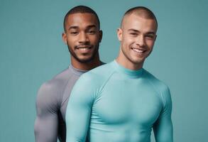 ai généré deux souriant Hommes portant ajusté athlétique chemises. elles ou ils supporter étroitement, exsudant une amical ambiance. photo