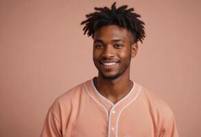 ai généré une de bonne humeur Jeune homme avec branché des dreadlocks, portant une décontractée chemise. le sien sourire est brillant et authentique. photo