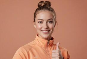 ai généré un optimiste femme dans un Orange veste donne une les pouces en haut. sa radiant sourire et énergique geste transmettre positivité. photo