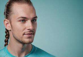 ai généré une homme avec tressé cheveux donne une côté regarder. le sien unique coiffure et tranchant regard réfléchir individualité et une moderne bord. photo