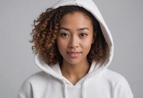 ai généré sur de soi Jeune femme dans une blanc sweat à capuche avec une doux sourire, neutre toile de fond. photo