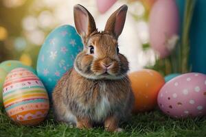 ai généré coloré mignonne Pâques lapin lapin et mignonne sourire photo