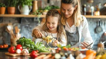 ai généré une mère et fille cuisine une nutritif repas ensemble dans le cuisine, famille temps photo