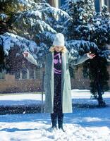 portrait de une femme dans une parc, portrait de une femme dans hiver parc, portrait de une blond femme, femme dans chapeau photo