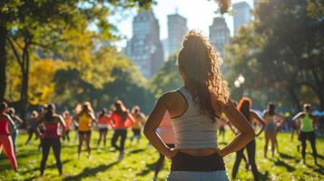 ai généré une aptitude instructeur de premier plan une groupe exercice classe dans une parc photo