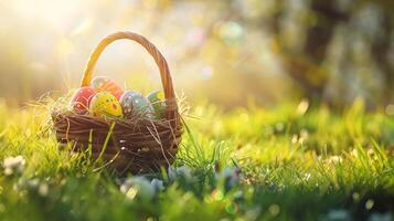ai généré Pâques panier rempli avec coloré des œufs et fleurs sur le vert herbe avec printemps jardin arrière-plan, content Pâques photo