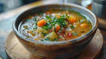 ai généré une bol de fait maison soupe rempli avec Frais des légumes photo