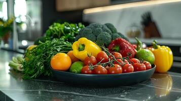 ai généré une coloré assortiment de Frais des fruits et des légumes sur une cuisine compteur photo
