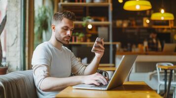 ai généré numérique nomade Jeune homme en utilisant téléphone intelligent et portable à le café, travail éloigné et La technologie concept photo