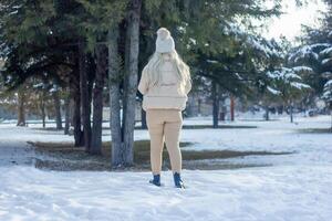 portrait de une femme dans une parc, portrait de une femme dans hiver parc, portrait de une blond femme photo