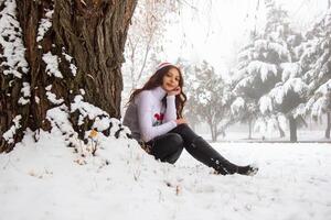 jolie Jeune femme dans hiver parc, rouge aux cheveux fille dans le parc dans hiver photo