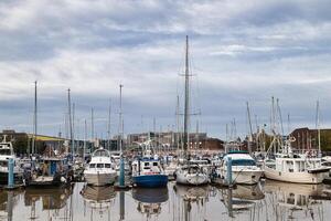 tranquille Marina avec amarré voiliers reflétant sur calme eau, nuageux ciel toile de fond. photo