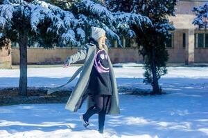 portrait de une femme dans une parc, portrait de une femme dans hiver parc, portrait de une blond femme, femme dans chapeau photo