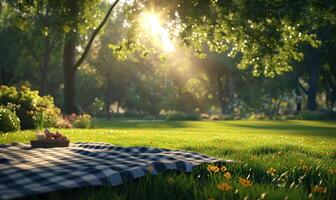 ai généré délicieux pique-nique scène ensemble dans une serein parc, baigné dans d'or lumière du soleil. une doux, à carreaux couverture se répand à travers le luxuriant vert herbe photo