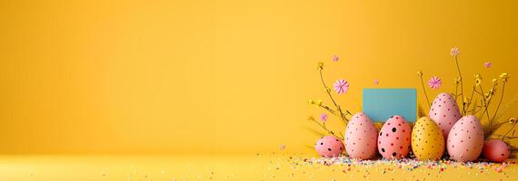 ai généré Pâques dessin animé Couleur des œufs avec espace de copie, Pâques fond d'écran photo