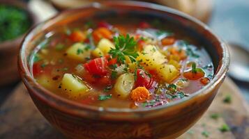 ai généré une bol de fait maison soupe rempli avec Frais des légumes photo