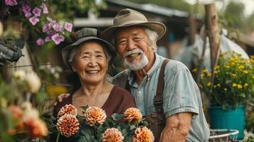 ai généré asiatique Sénior couple rester actif par jardinage ensemble photo