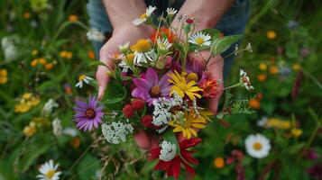 ai généré une paire de mains en portant une fraîchement choisi bouquet de fleurs sauvages contre une toile de fond de luxuriant printemps feuillage photo