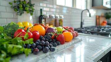 ai généré une coloré assortiment de Frais des fruits et des légumes sur une cuisine compteur photo