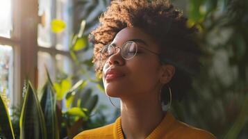 ai généré une la personne prise une moment à entraine toi Profond respiration des exercices photo