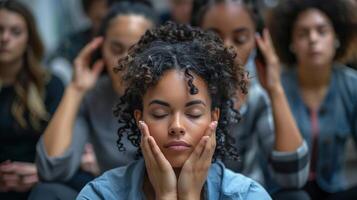 ai généré une groupe de collègues de travail participant dans une stress le soulagement atelier photo