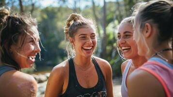 ai généré une groupe de copains en riant ensemble pendant une aptitude démarrage camp photo