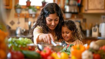 ai généré une mère et fille cuisine une nutritif repas ensemble dans le cuisine, famille temps photo