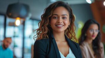 ai généré portrait de Jeune femme d'affaires habilitant autre collègues dans Bureau lieu de travail photo