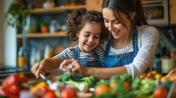 ai généré une mère et fille cuisine une nutritif repas ensemble dans le cuisine, famille temps photo