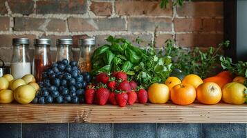 ai généré une coloré assortiment de Frais des fruits et des légumes sur une cuisine compteur photo