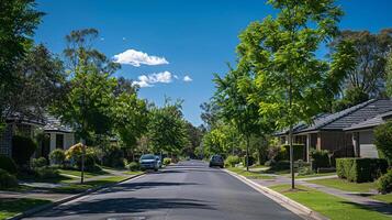 ai généré de banlieue australien maison Résidentiel rue pendant le journée photo