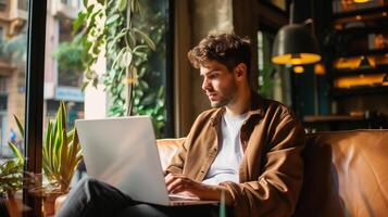 ai généré numérique nomade Jeune homme en utilisant portable ordinateur à le café, travail éloigné et La technologie concept photo