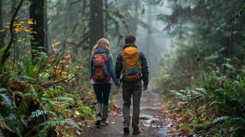 ai généré une couple randonnée par une scénique forêt Piste photo