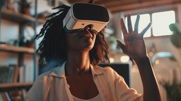 ai généré africain américain Jeune femme portant en utilisant virtuel réalité métaverse vr des lunettes casque à Accueil fille émouvant air pendant vr expérience photo