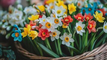 ai généré une proche en haut coup de coloré printemps fleurs arrangé dans une panier symbolisant le beauté de le saison photo