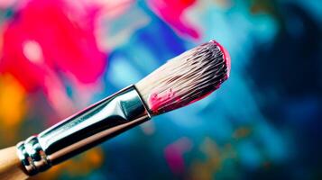 ai généré détaillé image de une brosse contre le Contexte de une brillant multicolore abstrait peinture. photo