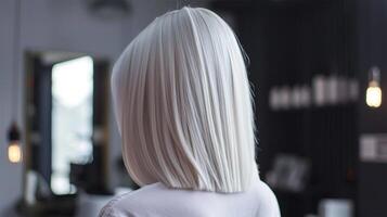 ai généré femme mettant en valeur une élégant platine bob Couper à une moderne salon.chic platine bob coiffure photo