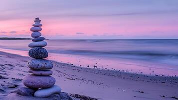 ai généré pierre cairn à crépuscule sur plage photo