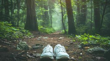 ai généré Piste prêt randonnée des chaussures au milieu de le forêt photo