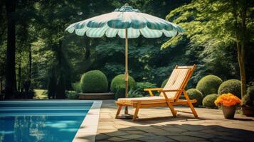 ai généré au bord de la piscine chaise et parapluie en dessous de clair ciel photo