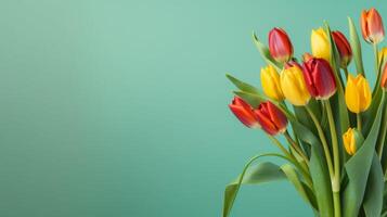 ai généré vibrant tulipes dans vase contre sarcelle Contexte photo