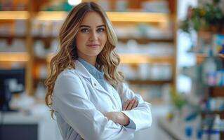 ai généré souriant femelle pharmacien dans blanc manteau photo