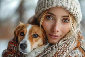 ai généré portrait de magnifique Jeune femme avec chien dans chaud vêtements photo