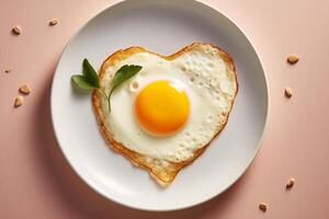 ai généré cœur en forme de frit Oeuf sur une assiette photo